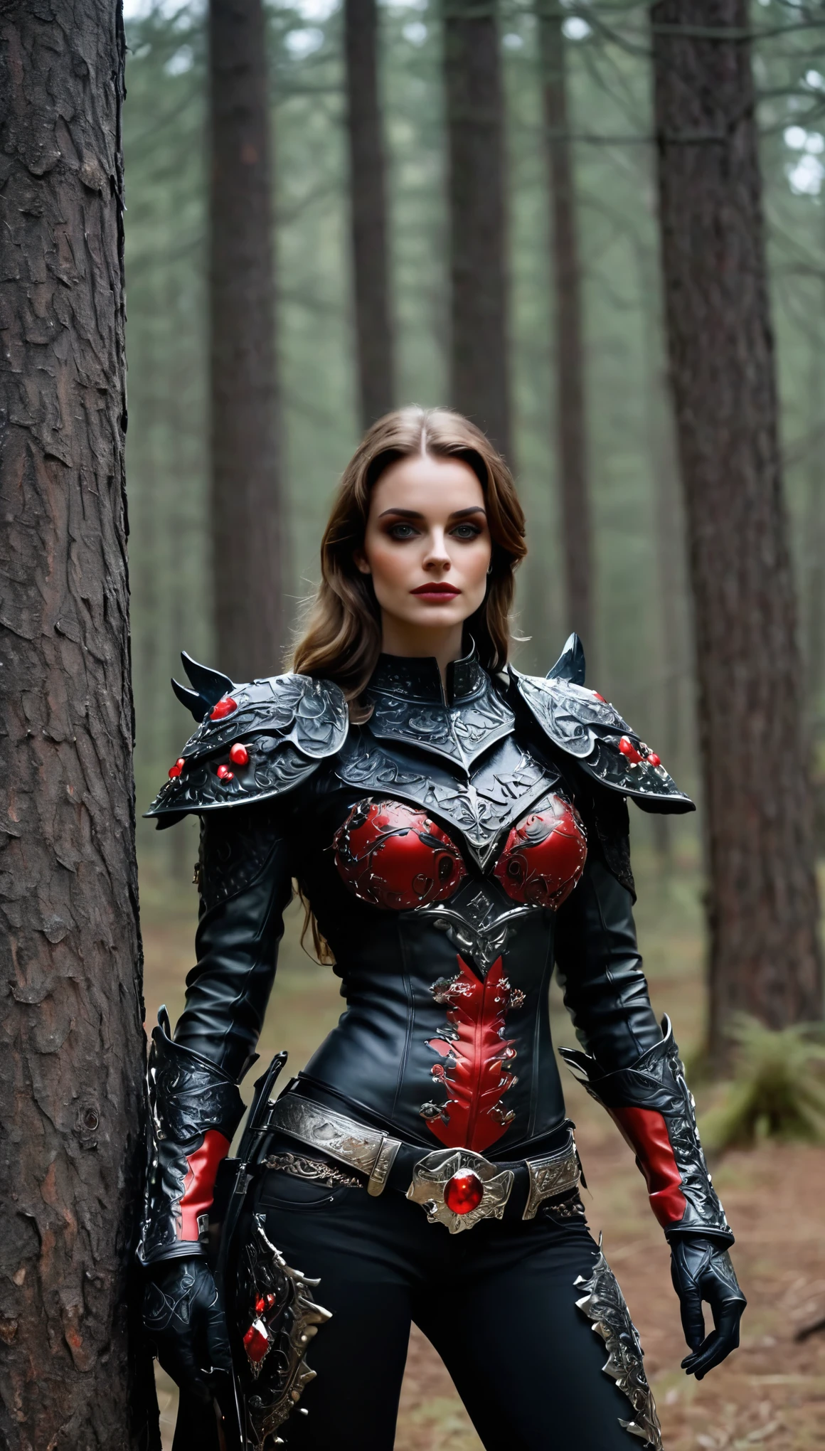 a woman, perfect eyes, (ultra realistic:1.5), (standing in forest:1.2), (full shot photo:1.5), (black paladin armor:1.2), (intricate:1.2), (looking at camera:1.2), (best quality:1.2), 