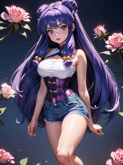 Garota anime cabelo purple com short jeans e corset rosa brilhante, 16 anos, corpo bonito, seios grandes, com as hands on chest,...