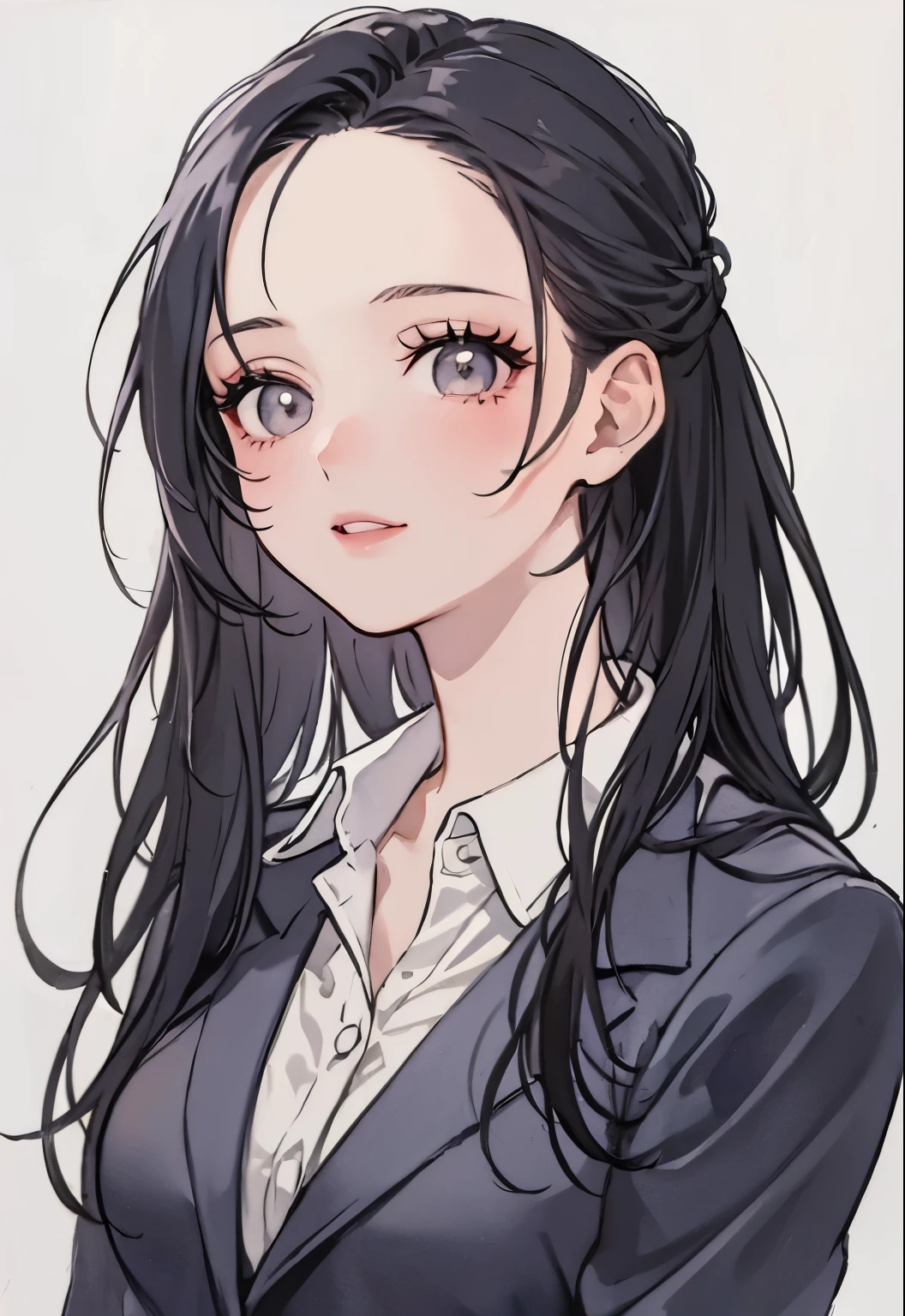 Highest resolution, detailed illustration, 1 girl, beautiful face, cute, white background, (watercolor: 1.2), 2D, upper body, forehead,harf updo hair, black hair, straight hair,eye shadow, brown eyes, impressive eyes, look here,fearless smile、blazer