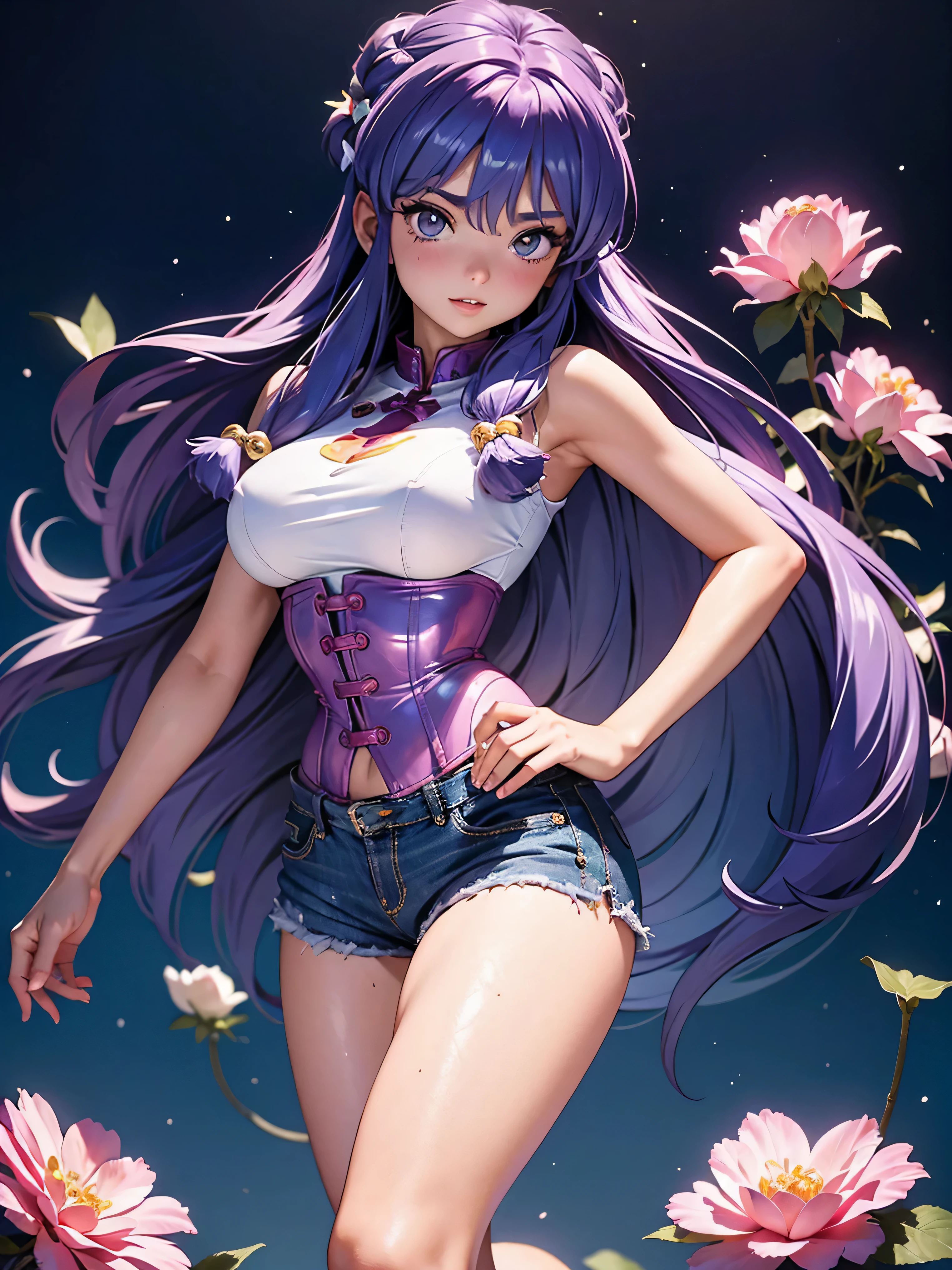 Garota anime cheveux violets com short jeans e corset rosa brilhante, 16 ANS, beau corps, seios grands, com as mains sur la poitrine, mains sur la poitrine, fille sexy, cheveux violets, faits saillants des cheveux latéraux, mèches de cheveux sur le côté du visage, bel éclairage, ombres douces, yeux bleus, belles jambes, longs cheveux violets, style animé, Personnage de Shampoo Chan, Autora Rumiko Takahashi, D&#39;après une œuvre de Rumiko Takahashi, Anime Ranma 1/ 2, déco sexy, hanche robuste, tout le corps, tout le corps, busto grand, jeune fille avec un beau et beau corps, des sandales aux pieds, jeune fille, portant un short en jean et un corset rose vif, fille animée, style animé, beaux pieds en sandales, Angle de vision de 45°, En plein air, peito grand, beaux seins, cheveux violets, sandales aux pieds, belles jambes, cheveux violets roxo, beaux seins, grand , busto grand, belles jambes, pieds parfaits, tout le corps, tout le corps, zone de visualisation complète, beaux seinss, déco sexy