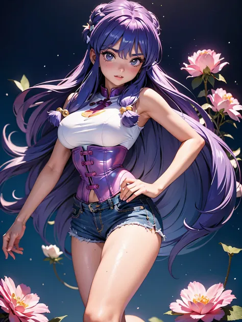 Garota anime cabelo purple com short jeans e corset rosa brilhante, 16 anos, corpo bonito, seios grandes, com as hands on chest,...