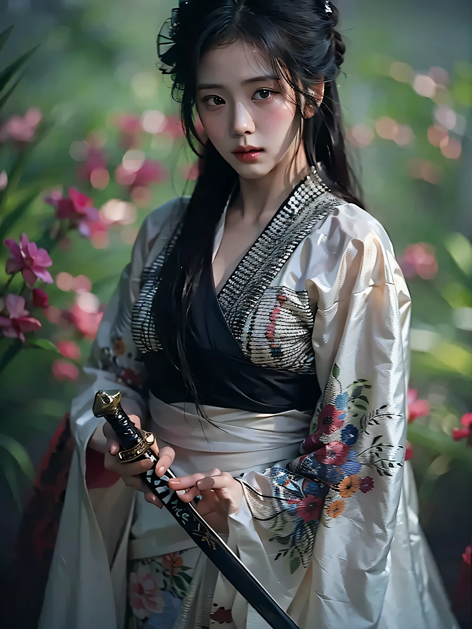 (highest image quality), (masterpiece), (vibrant, photography realistic, Realistic, Dramatic, Dark, Sharp focus, 8K), beautiful, Highly detailed face and skin texture, sexy wedding dress, ethereal beauty, mature asian woman,black long hair, make up, nsfw ,Close up shot, ((backlight)), holding sword, samurai wedding