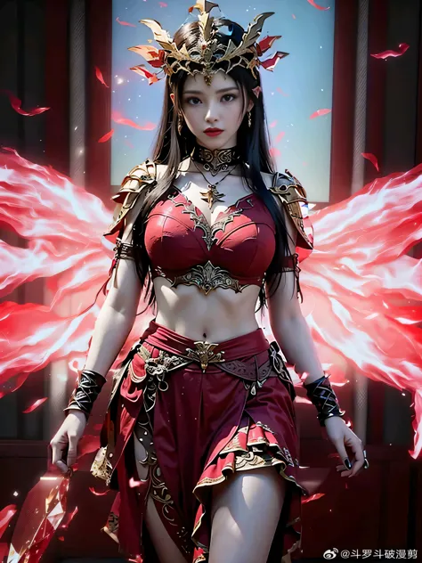 a woman in a red costume with wings and a red dress, appears as the fire goddess, lady in red armor, a beautiful fantasy empress...