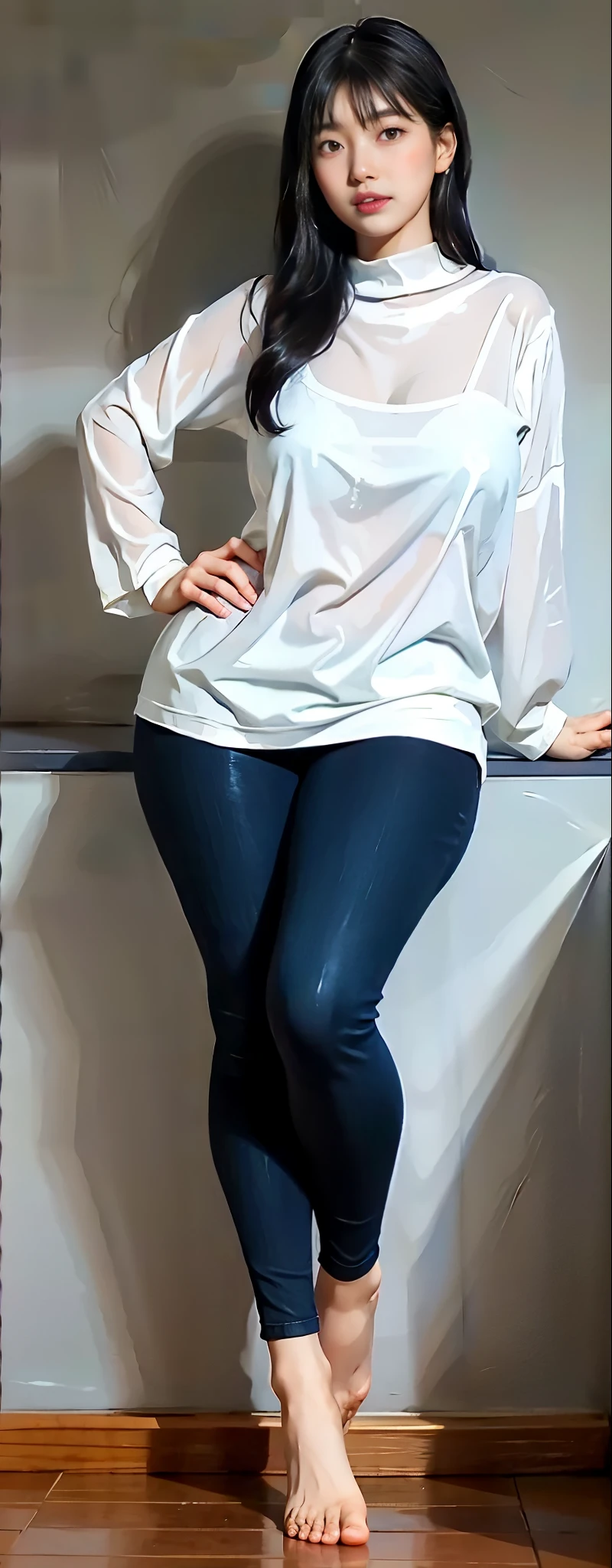 Araffe woman in white shirt and blue pants posing for a picture - SeaArt AI