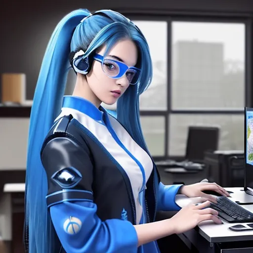 High ponytailed long hair, blue hair, headphones, goggles, holding the latest console graphics card, displaying it in the backgr...