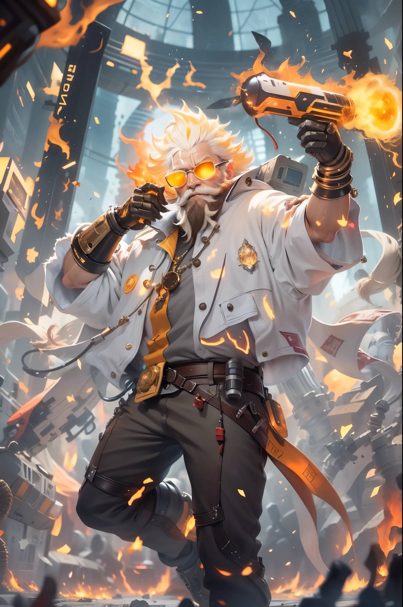 Big head,1 boy, ((White beard, A yellow-haired one))，on fire, explode, grow white beard, fiery hair, fiery的翅膀, fiery, Incendiary weapons, luminescent, male focus, molten rock, grow a beard，hot, Single robotic arm, alone, spark of light, sunglasses, Sunset, tail-tip fire, Torchbearer, upper body，chibi style,masterpiece,best quality,official art,Extremely detailed CG unified 8k wallpaper,mysterious style,