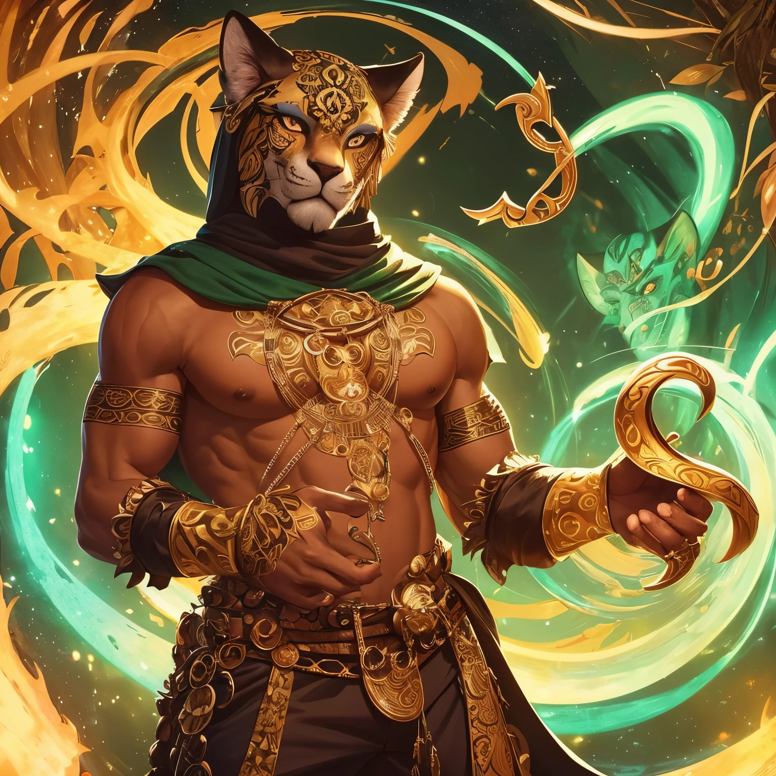 Create an image of Jamir, the Neutral deity of Knowledge, Deception, The Stars, Music, and Trickery, as a majestic jaguar humanoid figure with glowing eyes, draped in a hide of the same pattern. The image should reflect his celestial nature and mischievous personality, with a stylized jaguar paw symbol with seven stars arranged in a circular pattern. The art style should be reminiscent of D&D artist Wayne Reynolds, known for his detailed and fantastical illustrations of deities and creatures, long pants, inside jungle, adorned feathers and precious stones, aztec clothing, inside the jungle.