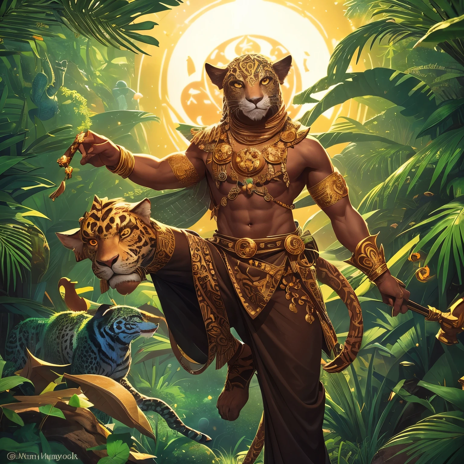 Create an image of Jamir, the Neutral deity of Knowledge, Deception, The Stars, Music, and Trickery, as a majestic jaguar humanoid figure with glowing eyes, draped in a hide of the same pattern. The image should reflect his celestial nature and mischievous personality, with a stylized jaguar paw symbol with seven stars arranged in a circular pattern. The art style should be reminiscent of D&D artist Wayne Reynolds, known for his detailed and fantastical illustrations of deities and creatures, long pants, inside jungle, adorned feathers and precious stones, aztec clothing, inside the jungle.