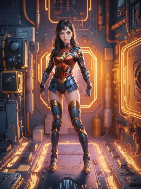 ((Full body photo,standing, feet on the ground))1girl, solo, ((leotard, bare legs)), boots, standing, hands on hip, Wonder Woman