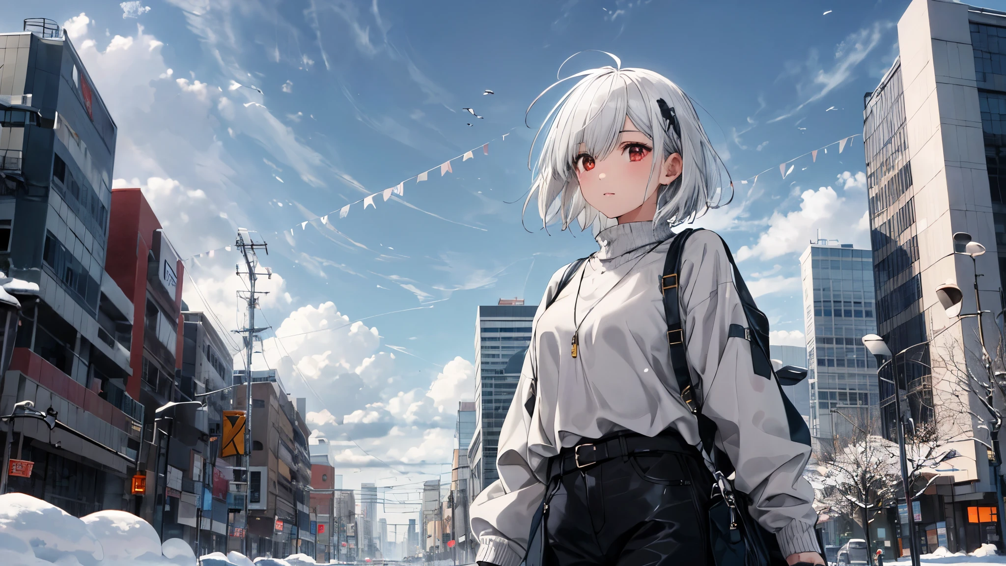 ((masterpiece, highest quality, Super fine, High resolution)), alone, beautiful girl with white hair，short hair，white sweater, snow city, cloudy, Looking up at the sky