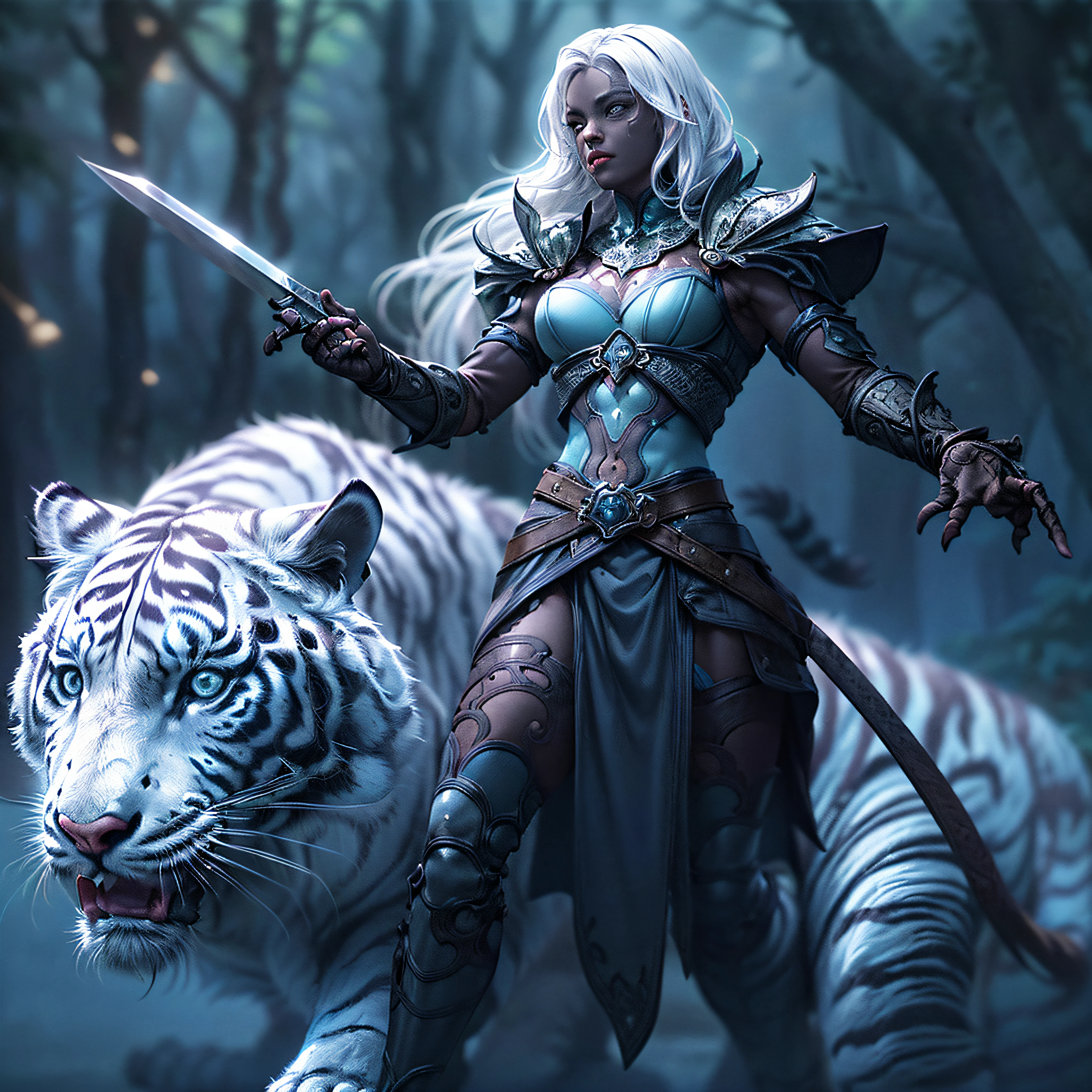 High details, best qualityer, 16K, [ultra detaild], work of art, best qualityer, (extremely detaild), dynamic angle, ultra wide photo, CRU, photorrealistic, Fantasyart, Arte de RPG, realist art, a wide angle image of an epic drow ranger and her pet (white tiger: 1.3),  nature warrior, nature fighter, whole body, [[anatomically correcte]] whole body (details Intricate, work of art, best qualityer: 1.5) talking to I&#39;m epic (white tiger: 1.3) (details Intricate, work of art, best qualityer: 1.6) armed with an epic magic sword  (details Intricate, work of art, best qualityer: 1.5) epic magic sword fantasy sword, shining in blue light , in dark forest ( details Intricate, work of art, best qualityer: 1.4), a beautiful epic drow woman wearing leather armor (details Intricate, work of art, best qualityer: 1.5), leather boots, thick hair, long hair, White hair, dark skin intense eyes, forest background (intense details), moon light, starlight, clouds (details Intricate, work of art, best qualityer: 1.5), dynamic angle, (details Intricate, work of art, best qualityer: 1.3), High details, best qualityer, high resolution, Ultra Wide Angle