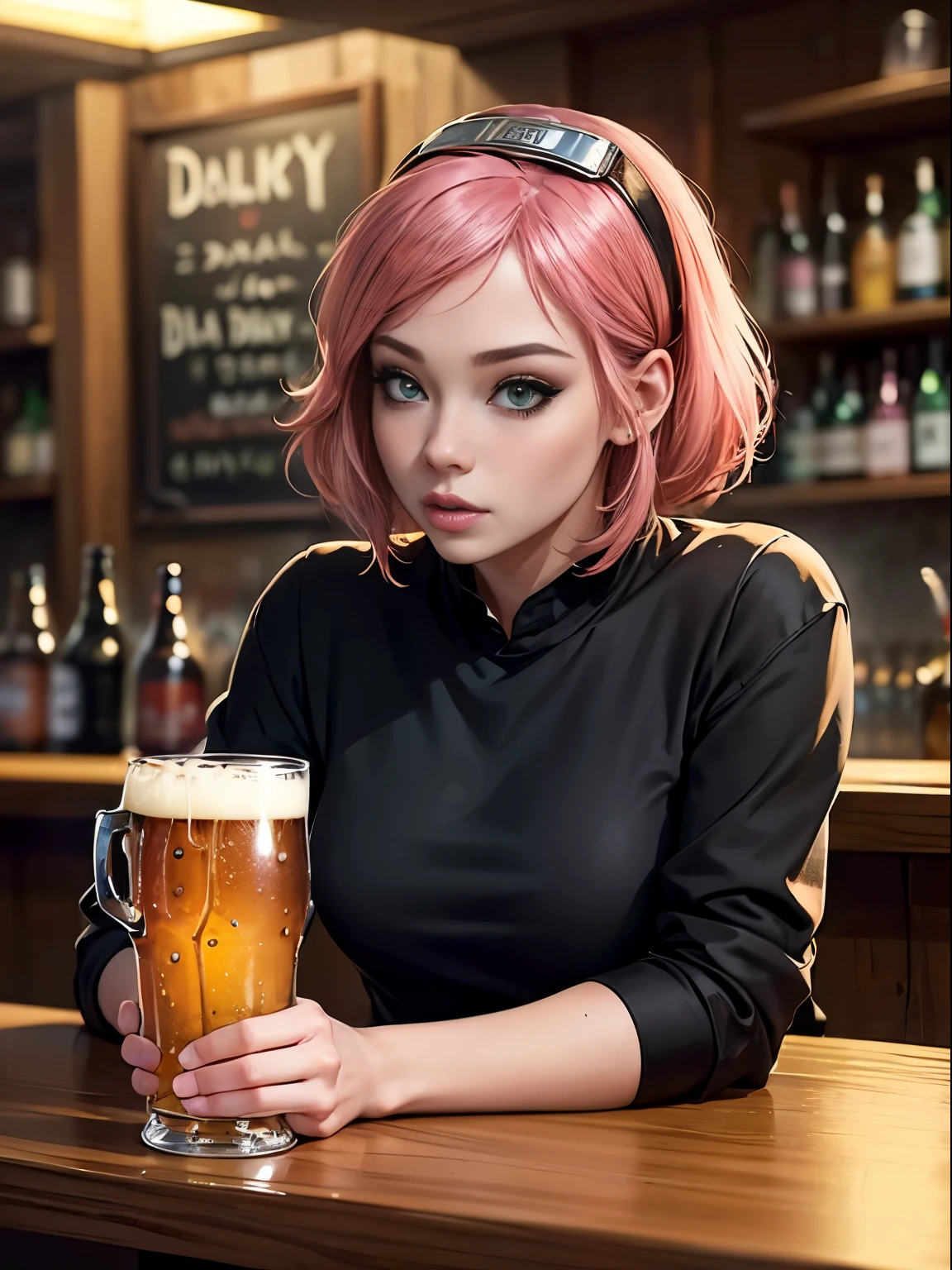 ((性感的, 在酒吧, 1女孩, 日常生活, 粉红色头发, 啤酒, 喝)); ((1个男孩, 喝, 啤酒, 日常生活, 黑发)) ((黑色衬衫))