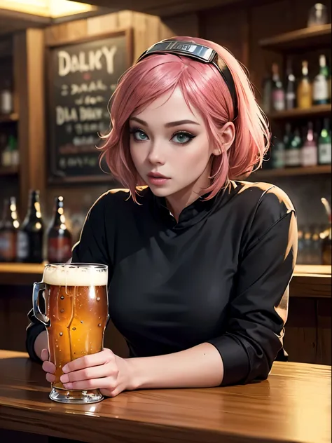 ((Sexy, at bar, 1girl, daily life, pink hair, beer, drinking)); ((1boy, drinking, beer, daily life, Black hair)) ((Black shirt))