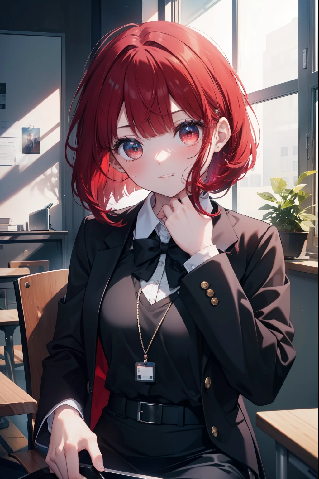 canary, when he plows, bob cut, (red eyes:1.5), redhead, long hair,short braided hair,
black suit jacket, collared jacket, white dress shirt, collared shirt, neckline, button, strap, ID card on neck, black pencil skirt, black pantyhose, smile, blush, looking at the viewer, Charm, Mechanical,on your computer,sitting in a chair, interior,touch typing ,
break looking at viewer,
break indoors, classroom,
break (masterpiece:1.2), highest quality, High resolution, unity 8k wallpaper, (figure:0.8), (detailed and beautiful eyes:1.6), highly detailed face, perfect lighting, Very detailed CG, (perfect hands, perfect anatomy),