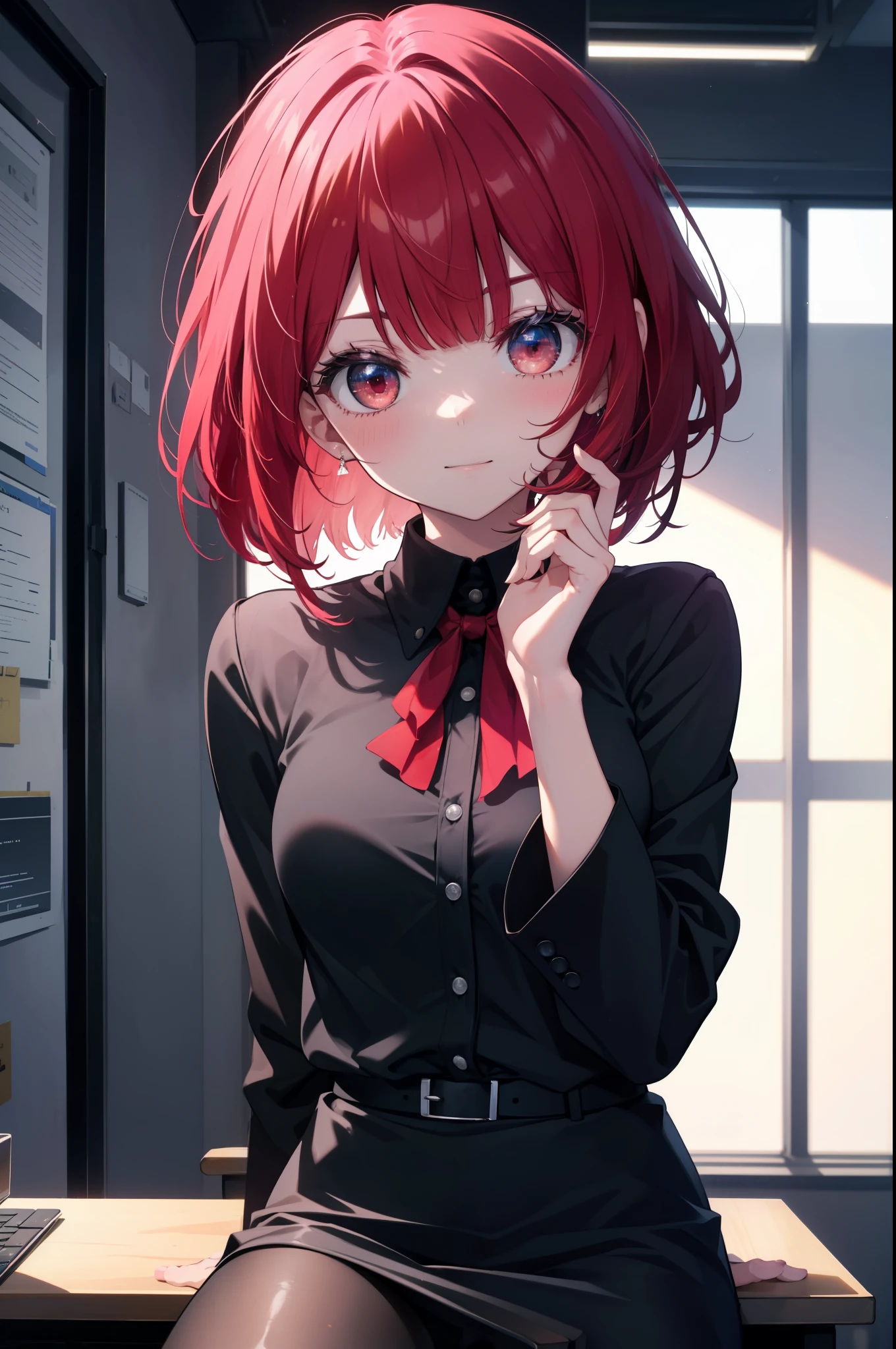 canary, when he plows, bob cut, (red eyes:1.5), redhead, long hair,
black suit jacket, collared jacket, white dress shirt, collared shirt, neckline, button, strap, ID card on neck, black pencil skirt, black pantyhose,stiletto heels smile, blush, looking at the viewer, Charm, Mechanical,on your computer,sitting cross-legged on a chair, interior,touch typing ,
break looking at viewer,
break indoors, office,
break (masterpiece:1.2), highest quality, High resolution, unity 8k wallpaper, (figure:0.8), (detailed and beautiful eyes:1.6), highly detailed face, perfect lighting, Very detailed CG, (perfect hands, perfect anatomy),