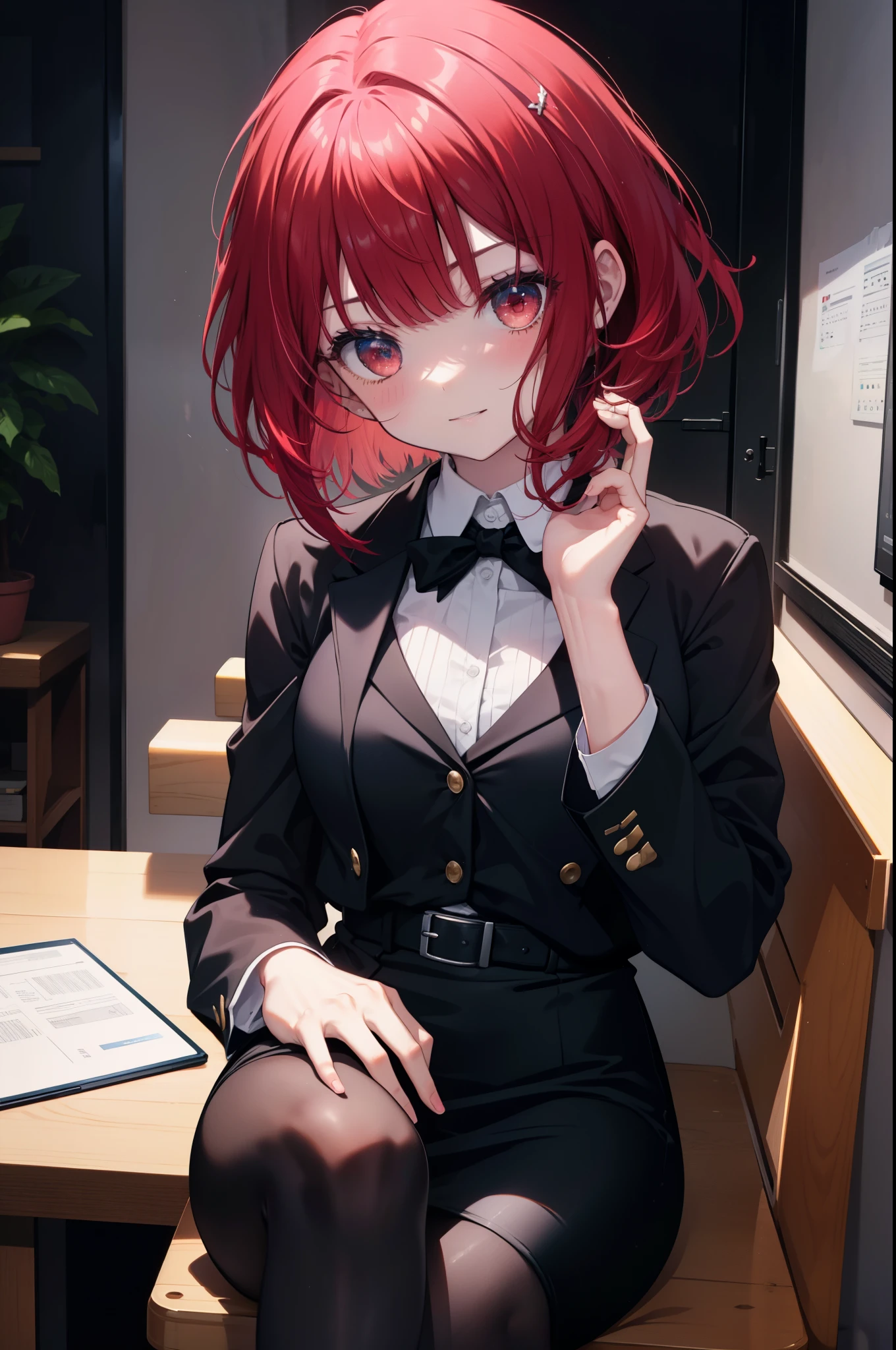 canary, when he plows, bob cut, (red eyes:1.5), redhead, long hair,
black suit jacket, collared jacket, white dress shirt, collared shirt, neckline, button, strap, ID card on neck, black pencil skirt, black pantyhose,stiletto heels smile, blush, looking at the viewer, Charm, Mechanical,on your computer,sitting cross-legged on a chair, interior,touch typing ,
break looking at viewer,
break indoors, office,
break (masterpiece:1.2), highest quality, High resolution, unity 8k wallpaper, (figure:0.8), (detailed and beautiful eyes:1.6), highly detailed face, perfect lighting, Very detailed CG, (perfect hands, perfect anatomy),
