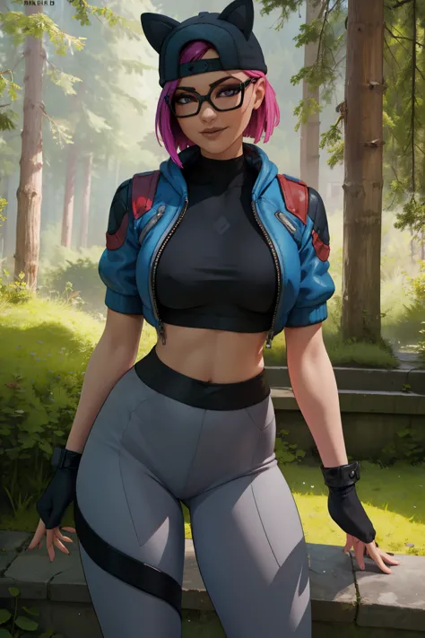 1 girl, (masterpiece), (best quality), standing, (solo), looking at viewer, high detailed,extremely detailed, fine eyes, smile,dynamic pose, short pink hair,cap,crop top, jacket,fingerless glove,curvy,forest,glasses,(gray leggings),(portrait:1.2),