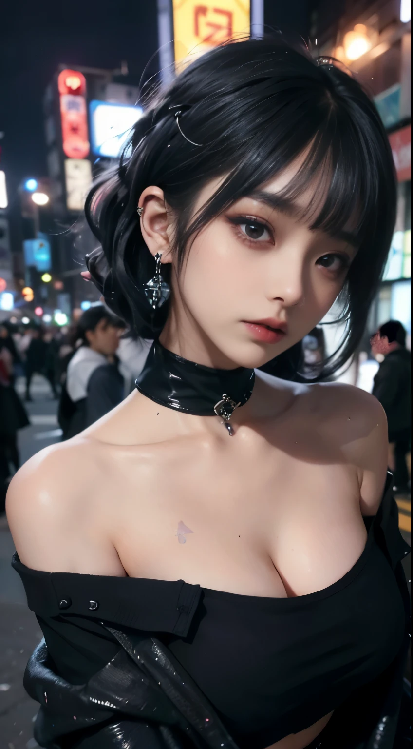 4k-ultra sharp、highest quality, masterpiece, ultra high resolution, (reality: 1.4),  16 year old girl, purple eyes, Off-the-shoulder sweater dresses, cinematic lighting、purple and black hair、(mine girl、goth makeup、mine makeup)、(Pierced ears、big breasts、Oversized black T-shirt with open shoulders、dark mini skirt)、((dark makeup、oil skin,sparkling skin、realistic skin texture、detailed beautiful skin、shiny skin)), nightの暗い繁華街、night、blue film photography、kabukicho、Dark Cyberpunk、(full shot:1.8)、thin legs、thin arms、thin shoulders、thin waist、slender body、big breasts、whole body