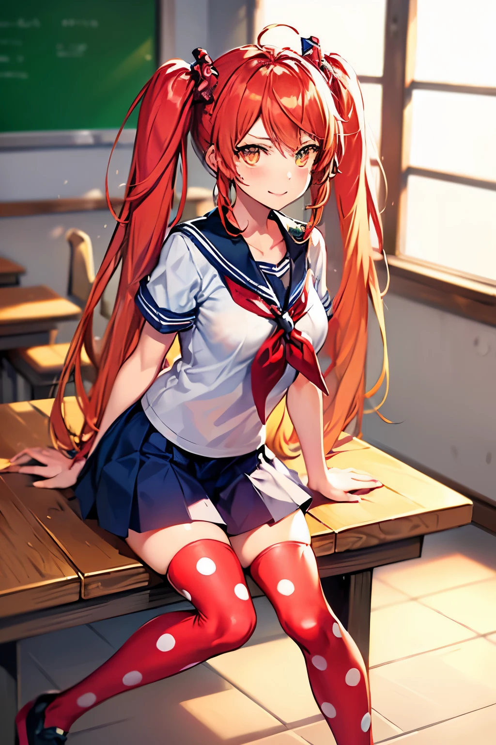 Anime, personagem, female, mulher ,simulador yandere, Palavras de gatilho, OsanaNajimi, twintails, serafuku, red scarf, saia azul, legging de bolinhas, blue skirt, polka dot legwear, indoors, sitting, classroom, waving at viewer, smile,
