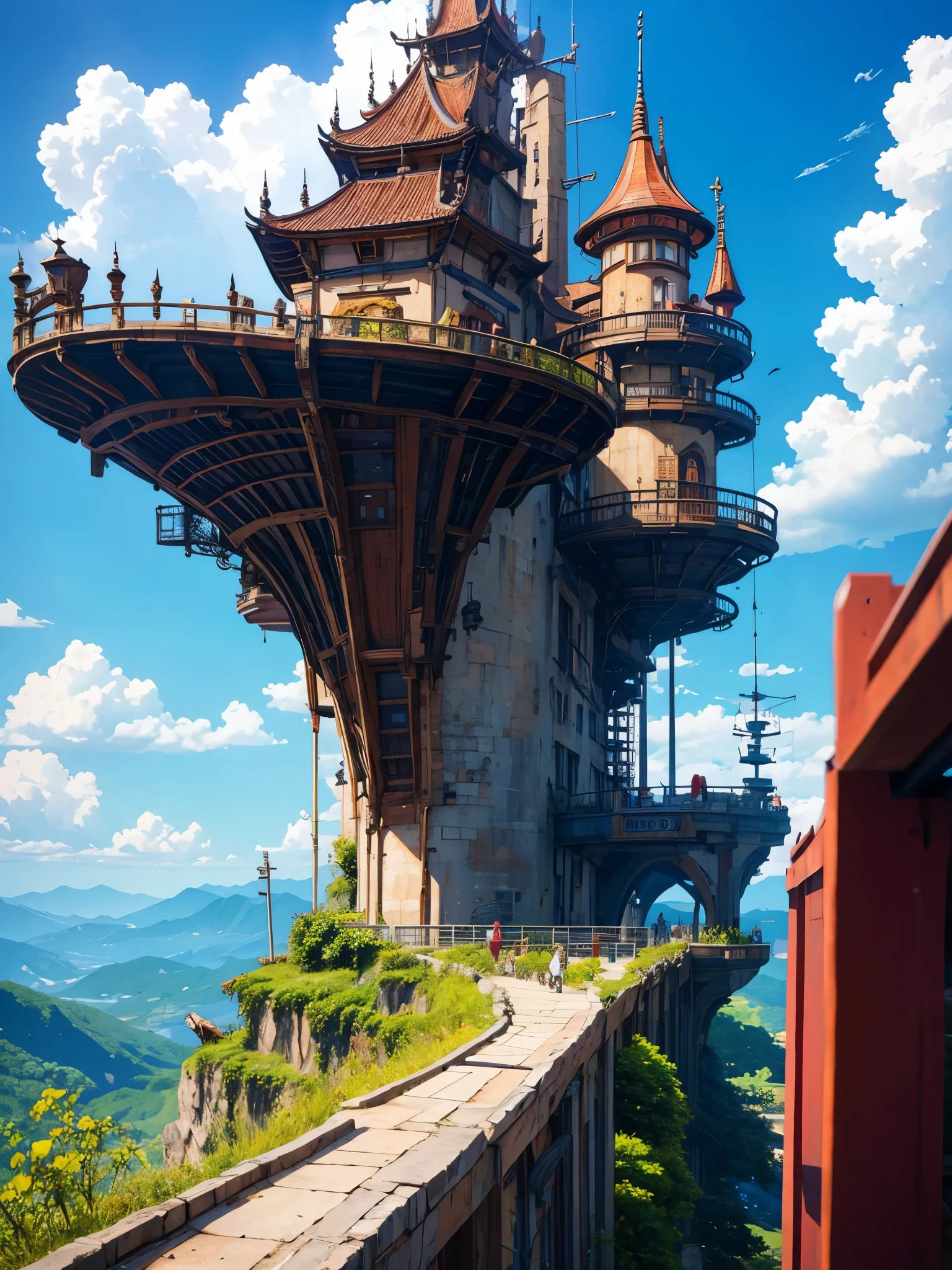 Super detalhe, Detalhes altos, alta qualidade, 8K, Estilo Miyazaki, a steampunk style city floating in the sky, nuvens e arquitetura diversificada, exuding mystery and technology --v 6