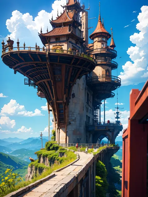 super detalhe, detalhes altos, alta qualidade, 8k, estilo miyazaki, a steampunk style city floating in the sky, nuvens e arquite...