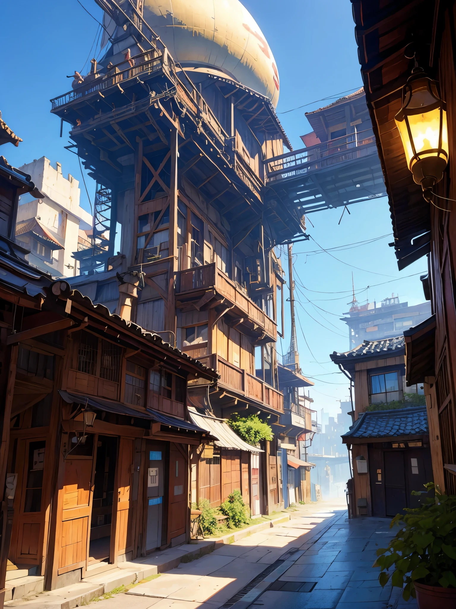 Super detalhe, Detalhes altos, alta qualidade, 8K, Estilo Miyazaki, a steampunk style city floating in the sky, nuvens e arquitetura diversificada, exuding mystery and technology --v 6