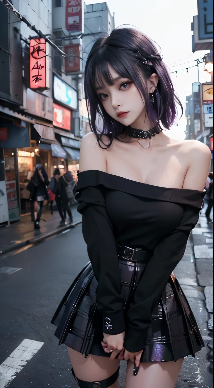 4k-ultra sharp、highest quality, masterpiece, ultra high resolution, (reality: 1.4),  16 year old girl, purple eyes, Off-the-shoulder sweater dresses, cinematic lighting、purple and black hair、(mine girl、goth makeup、mine makeup)、(Pierced ears、big breasts、Oversized black T-shirt with open shoulders、dark mini skirt)、((dark makeup、oil skin,sparkling skin、realistic skin texture、detailed beautiful skin、shiny skin)), nightの暗い繁華街、night、blue film photography、kabukicho、Dark Cyberpunk、(full shot:1.8)、thin legs、thin arms、thin shoulders、thin waist、slender body、big breasts、whole body