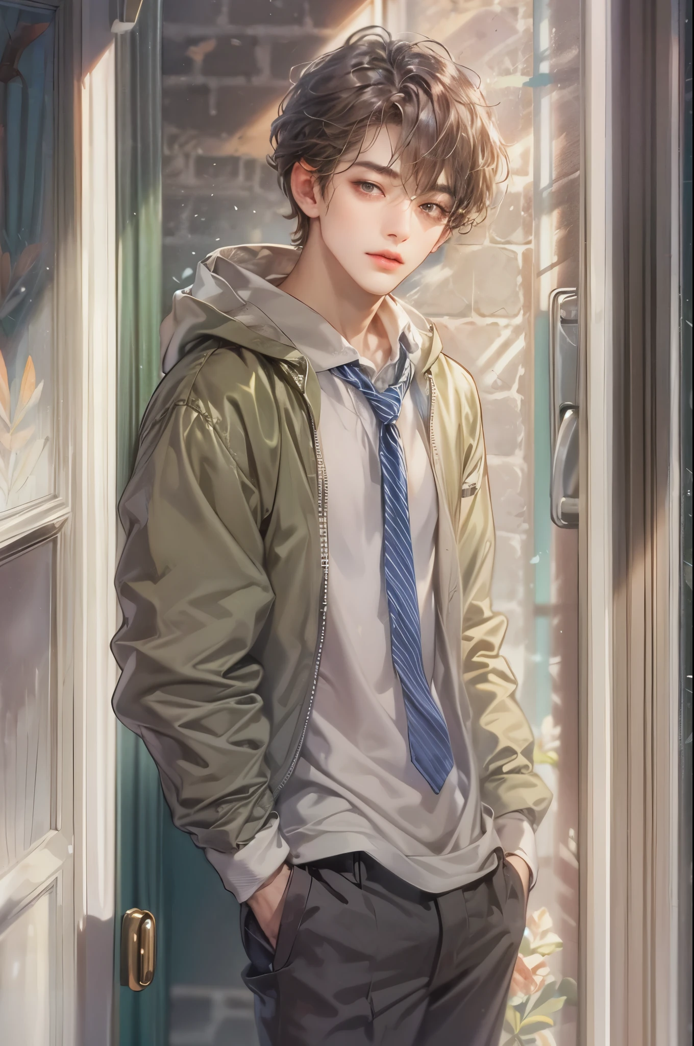 ((Best quality)), ((masterpiece)), (detailed), ((perfect face)), ((halfbody)) handsome face, male, teen boy,  perfect proportions , a character from anime gate keepers , casual outfit, detailed school interior scenery background 