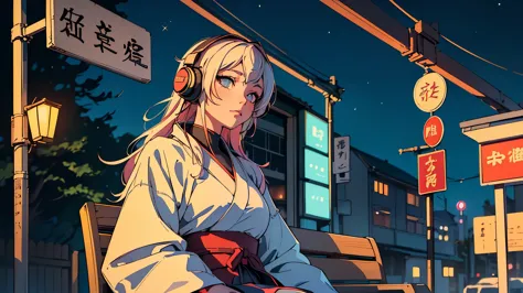 (highest quality,edo period town、be familiar with,perfect face,beautiful woman listening to music,sitting at the bus stop,cyberp...