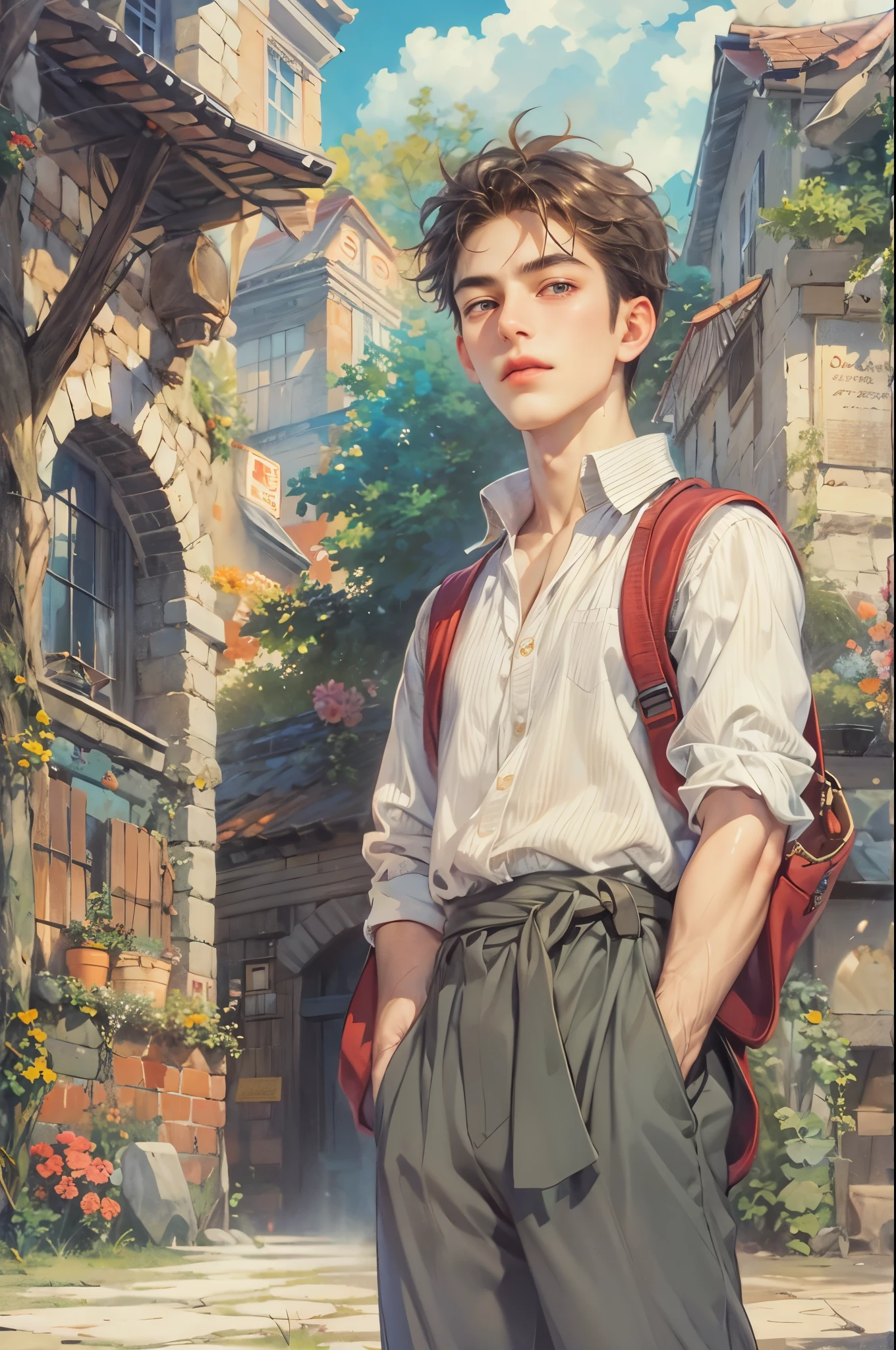 ((Best quality)), ((masterpiece)), (detailed), ((perfect face)), ((halfbody)) handsome face, male, teen boy,  perfect proportions , a male character hero from Ghibli anime, detailed town background, detailed scenery background 