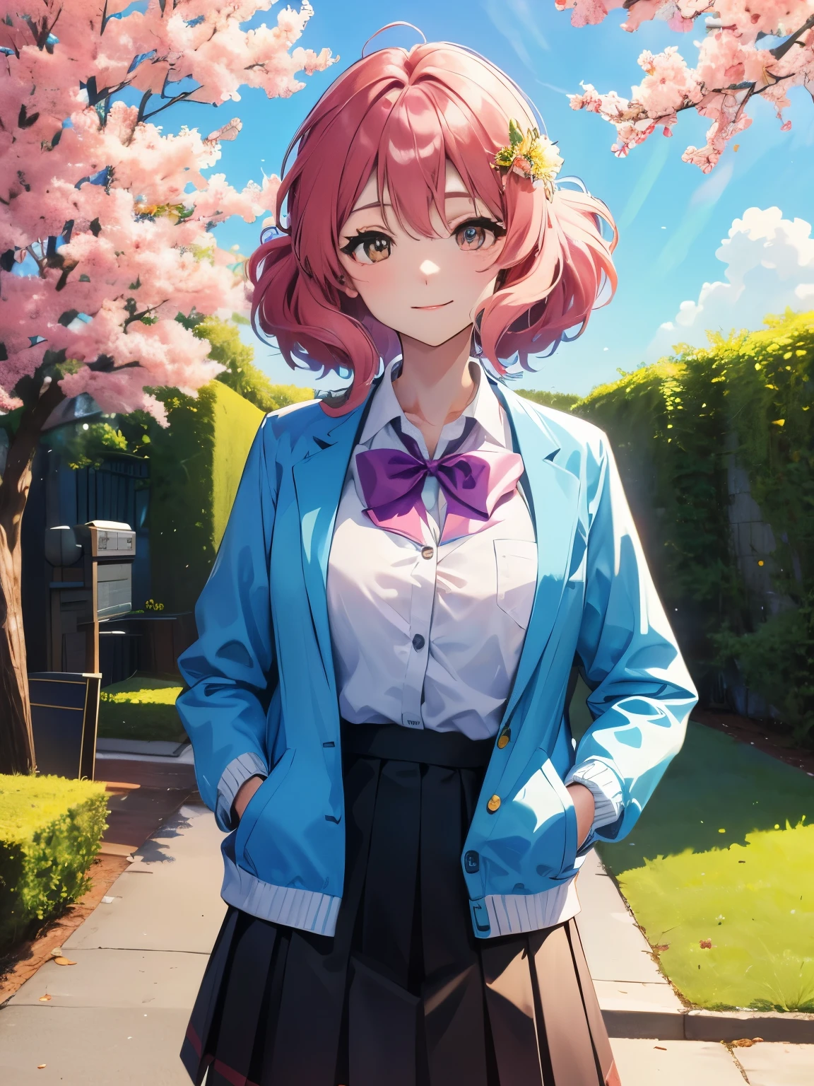 masterpiece,solo、1 girl、 highest quality, High resolution, Kumiko Oumae, 1girl 、big breasts、flower＿hair ornaments, pink hair、white shirt、white sweater, purple jacket、closed mouth、smile, long sleeve, open clothes, black bow, skirt, cowboy shot, outdoors, street, Are standing, put one&#39;s hand in one&#39;s pocket,hands in pockets