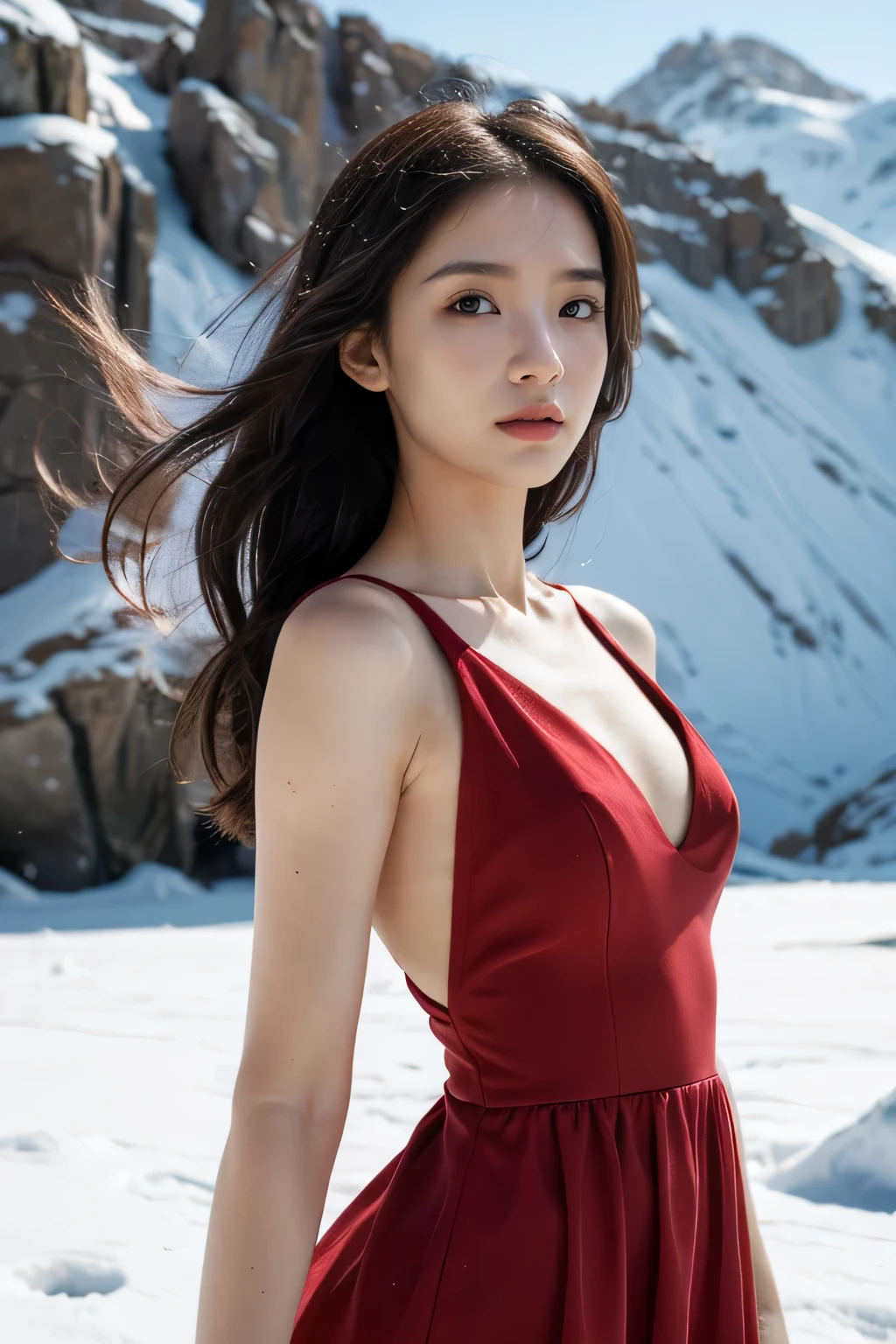 masterpiece, best quality, actual, photoactual, official art, Very detailed, Upper body, 1 girl, red dress, Ice and Snow World, alone, skinny, wind, looking at camera，open eyes