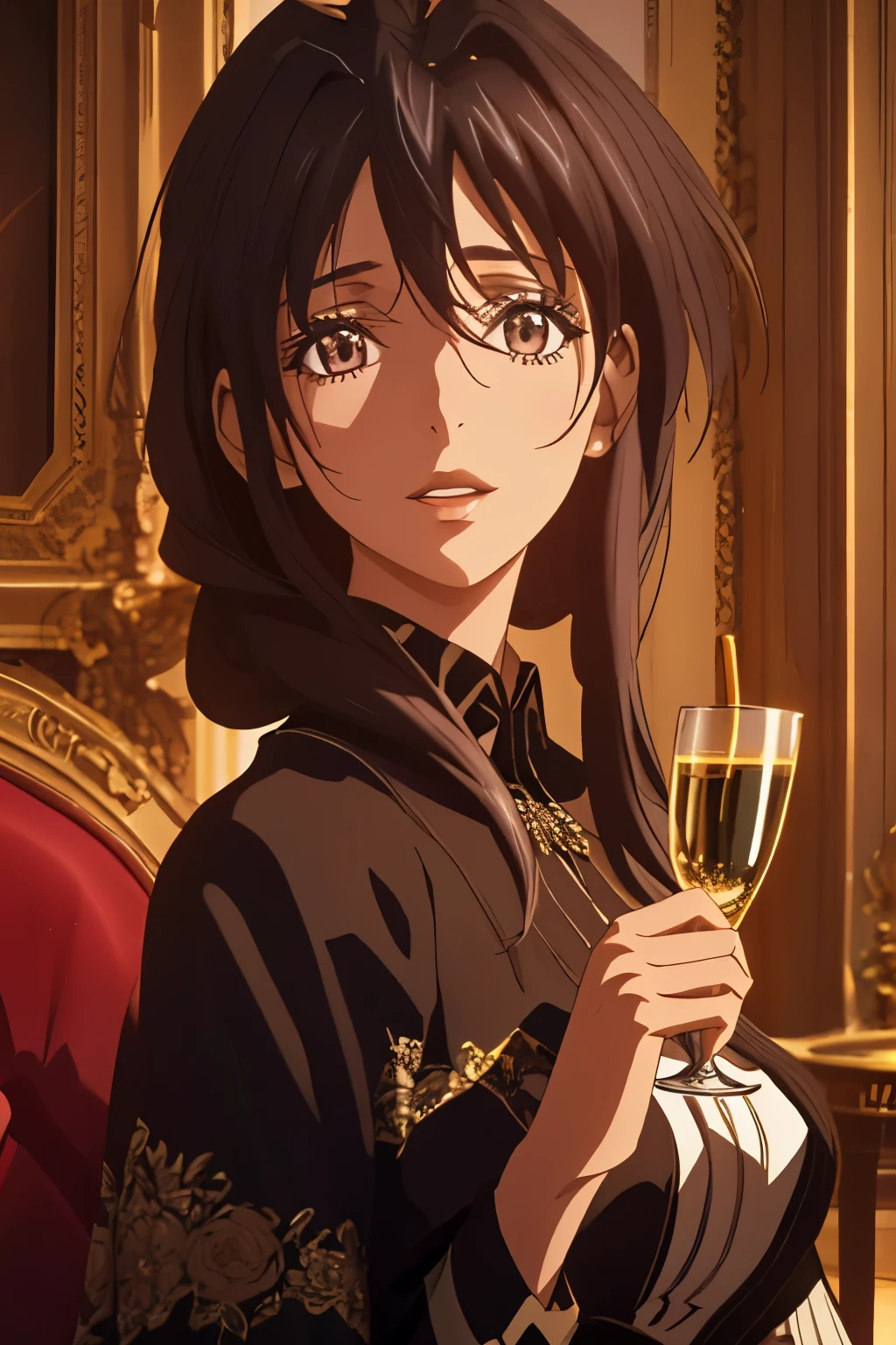 Anime girl holding a glass of wine in front of a gold wall - SeaArt AI