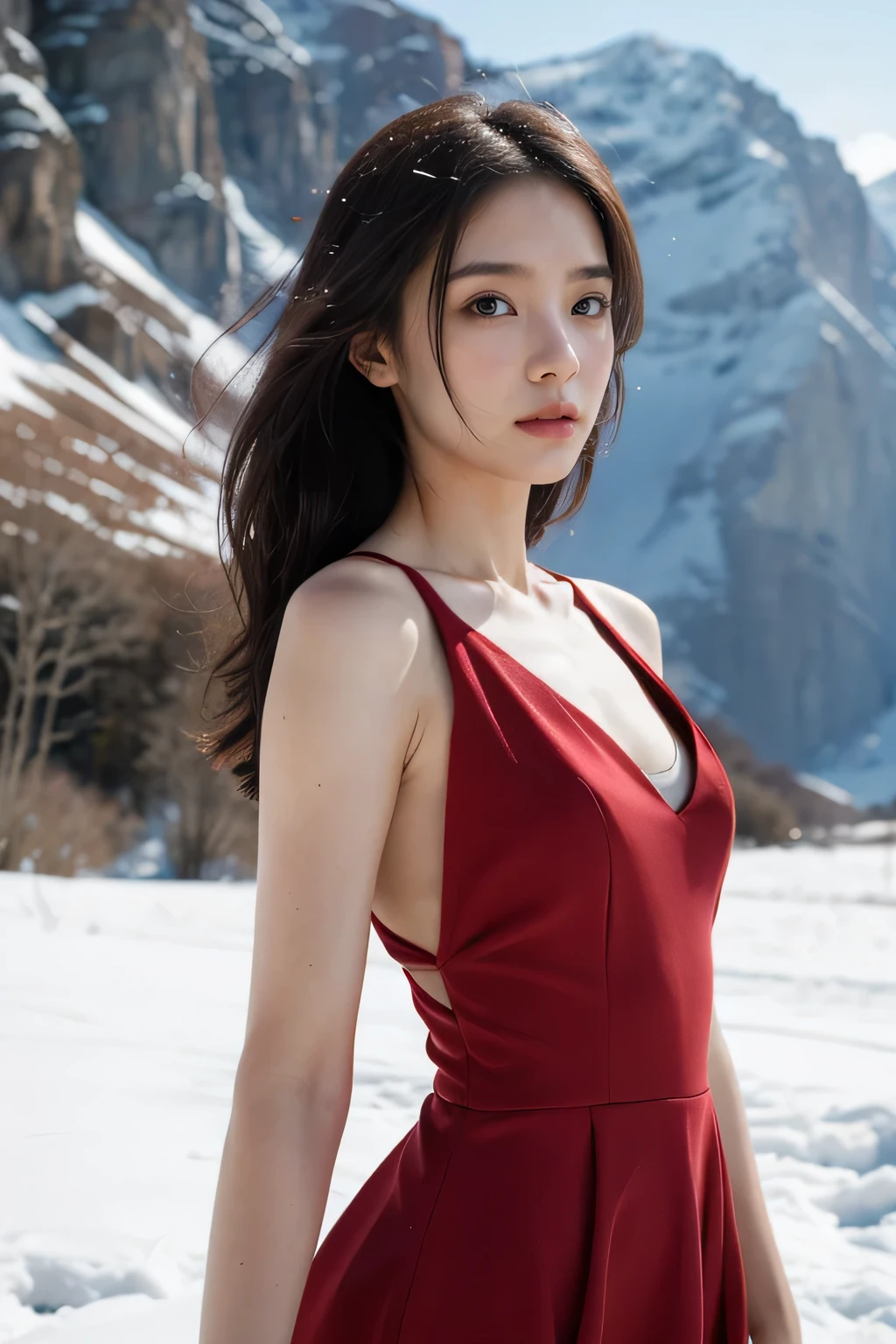 masterpiece, best quality, actual, photoactual, official art, Very detailed, Upper body, 1 girl, red dress, Ice and Snow World, alone, skinny, wind, looking at camera，open eyes