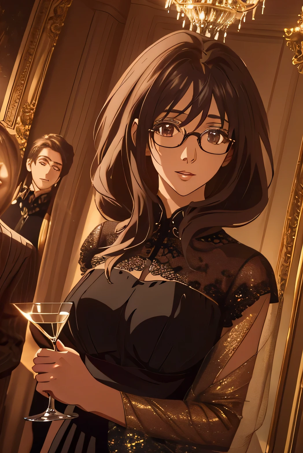 Anime image of a woman in a black dress holding a glass - SeaArt AI