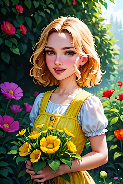 (pixarstyle: 1.25) portrait of a , Natalie Portman, smiles, waist length with flower basket overgrown with poppy flower, natural...