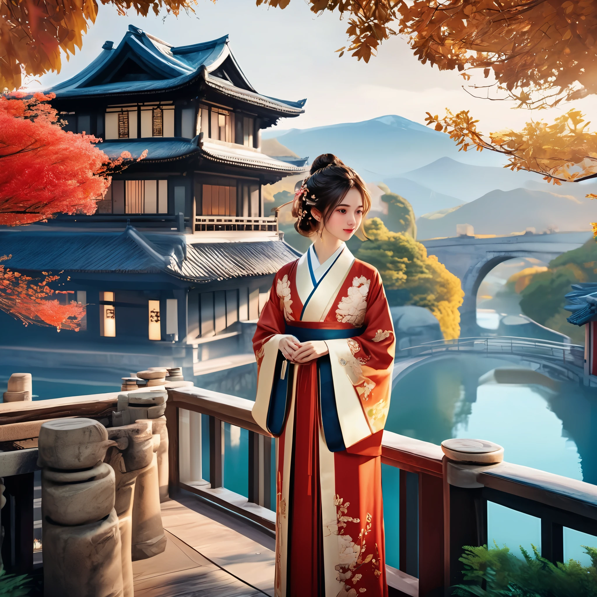 A girl in a romantic landscape，Lifelike portraits，Natural and full of personality，The details stand out，The background is a mesmerizing romantic landscape or a charming travel scene，Use master techniques to express depth and layering，National elements of Chinese style animation，Emphatic summary of overall features，AI brings characters to life，Anime style images and scenery，The importance of animation plot，Picture and sound synchronization，Special effects，Full of energy and creativity。
