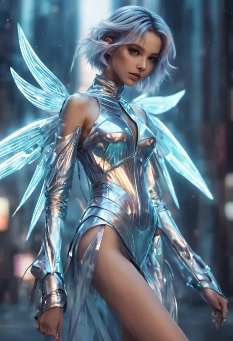 a beautiful cyber fairy, medium hair, beautiful body, shiny wings, wearing a futuristic cyber dress in a futuristic city