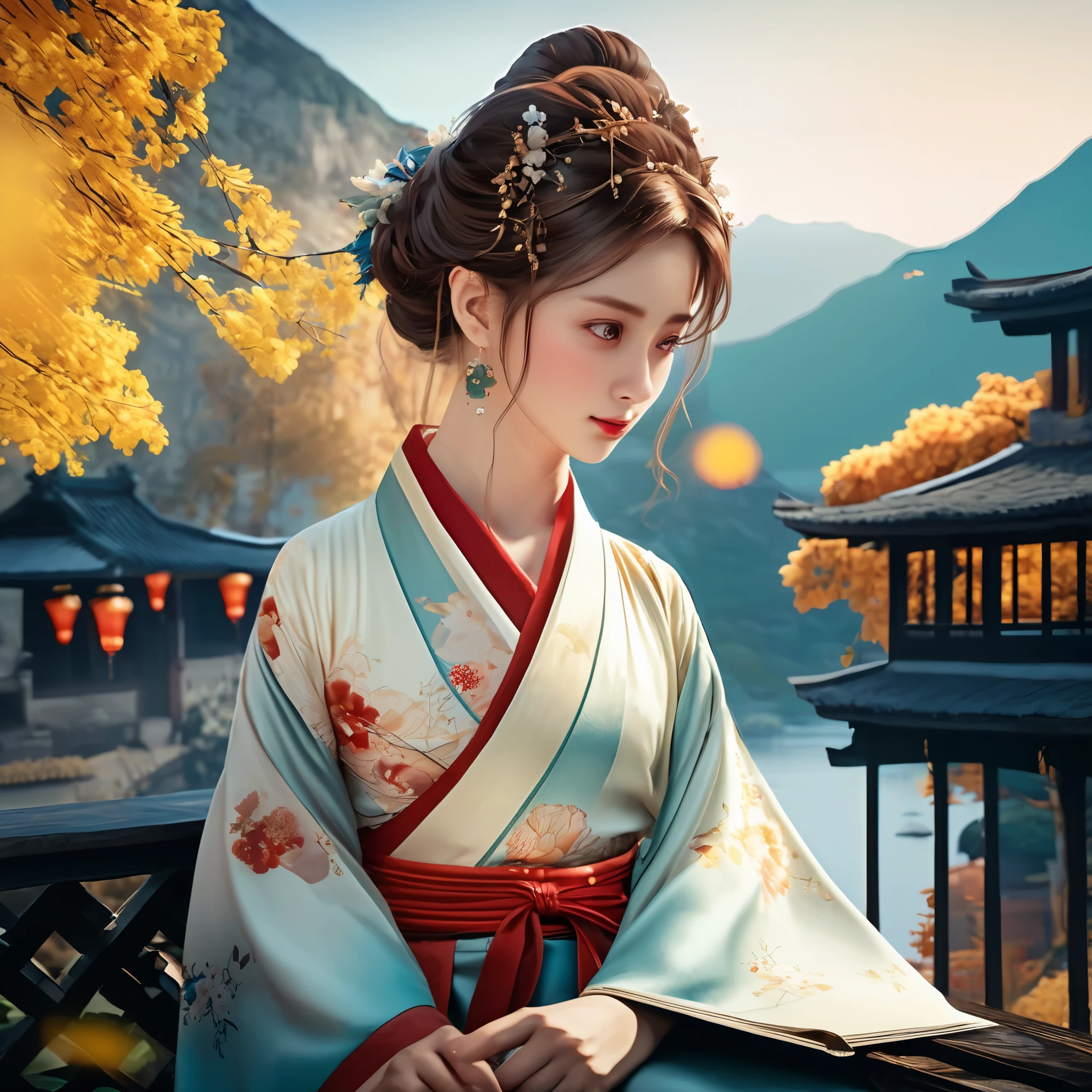 A girl in a romantic landscape，Lifelike portraits，Natural and full of personality，The details stand out，The background is a mesmerizing romantic landscape or a charming travel scene，Use master techniques to express depth and layering，National elements of Chinese style animation，Emphatic summary of overall features，AI brings characters to life，Anime style images and scenery，The importance of animation plot，Picture and sound synchronization，Special effects，Full of energy and creativity。
