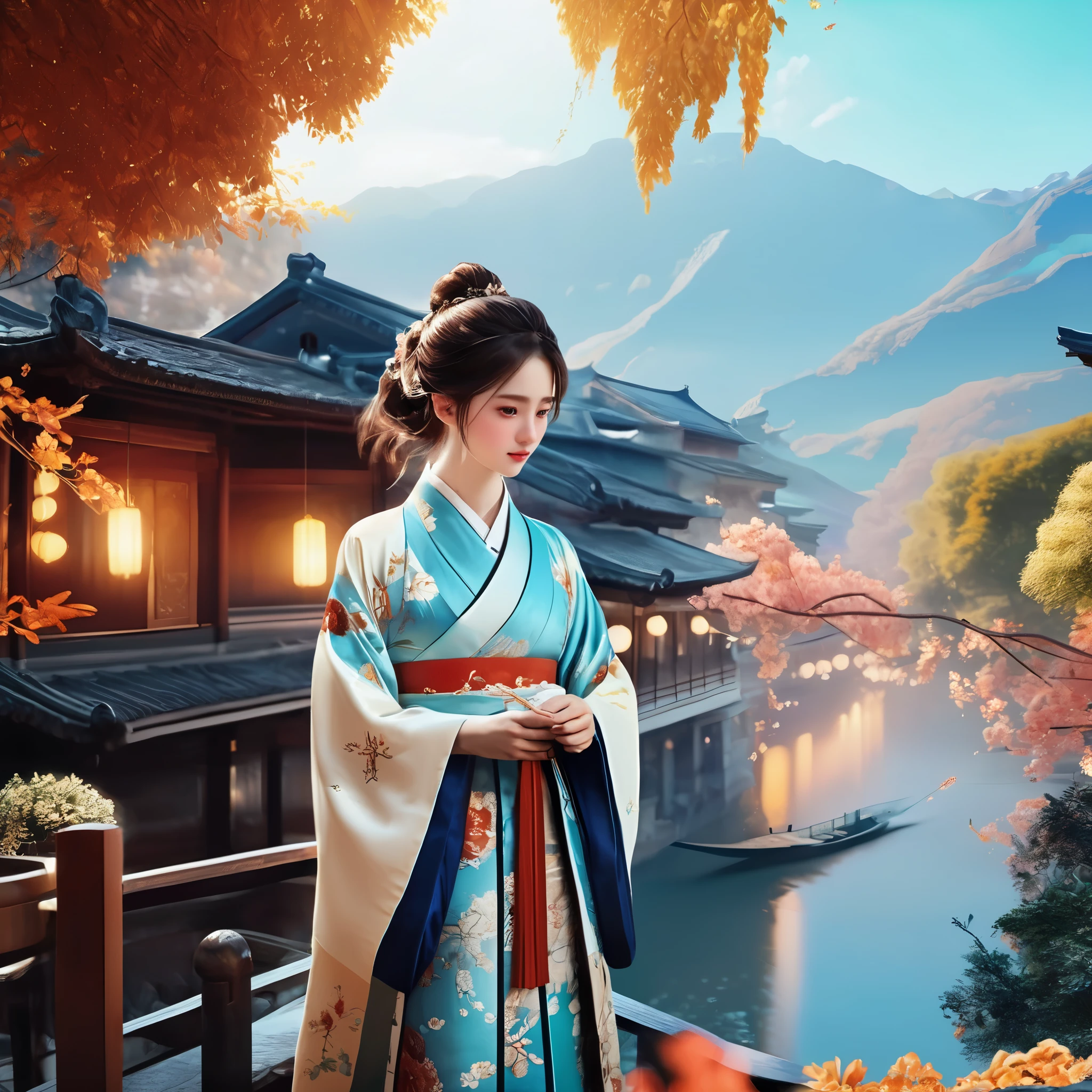 A girl in a romantic landscape，Lifelike portraits，Natural and full of personality，The details stand out，The background is a mesmerizing romantic landscape or a charming travel scene，Use master techniques to express depth and layering，National elements of Chinese style animation，Emphatic summary of overall features，AI brings characters to life，Anime style images and scenery，The importance of animation plot，Picture and sound synchronization，Special effects，Full of energy and creativity。
