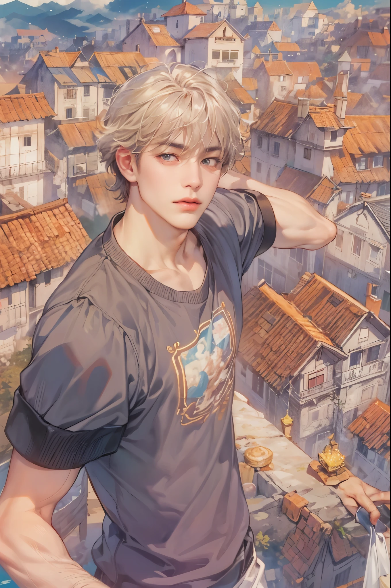 ((Best quality)), ((masterpiece)), (detailed), ((perfect face)), ((halfbody)) handsome face, male, teen boy,  perfect proportions , a male character hero from Ghibli anime, detailed town background, detailed scenery background 