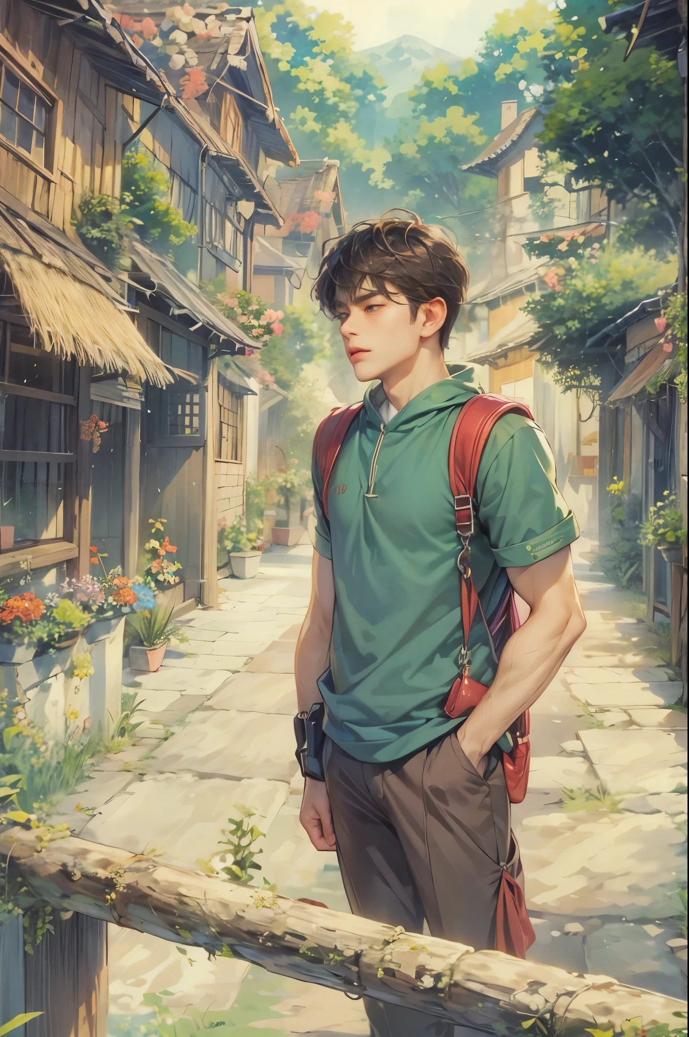 ((Best quality)), ((masterpiece)), (detailed), ((perfect face)), ((halfbody)) handsome face, male, teen boy,  perfect proportions , a male character hero from Ghibli anime, detailed town background, detailed scenery background 