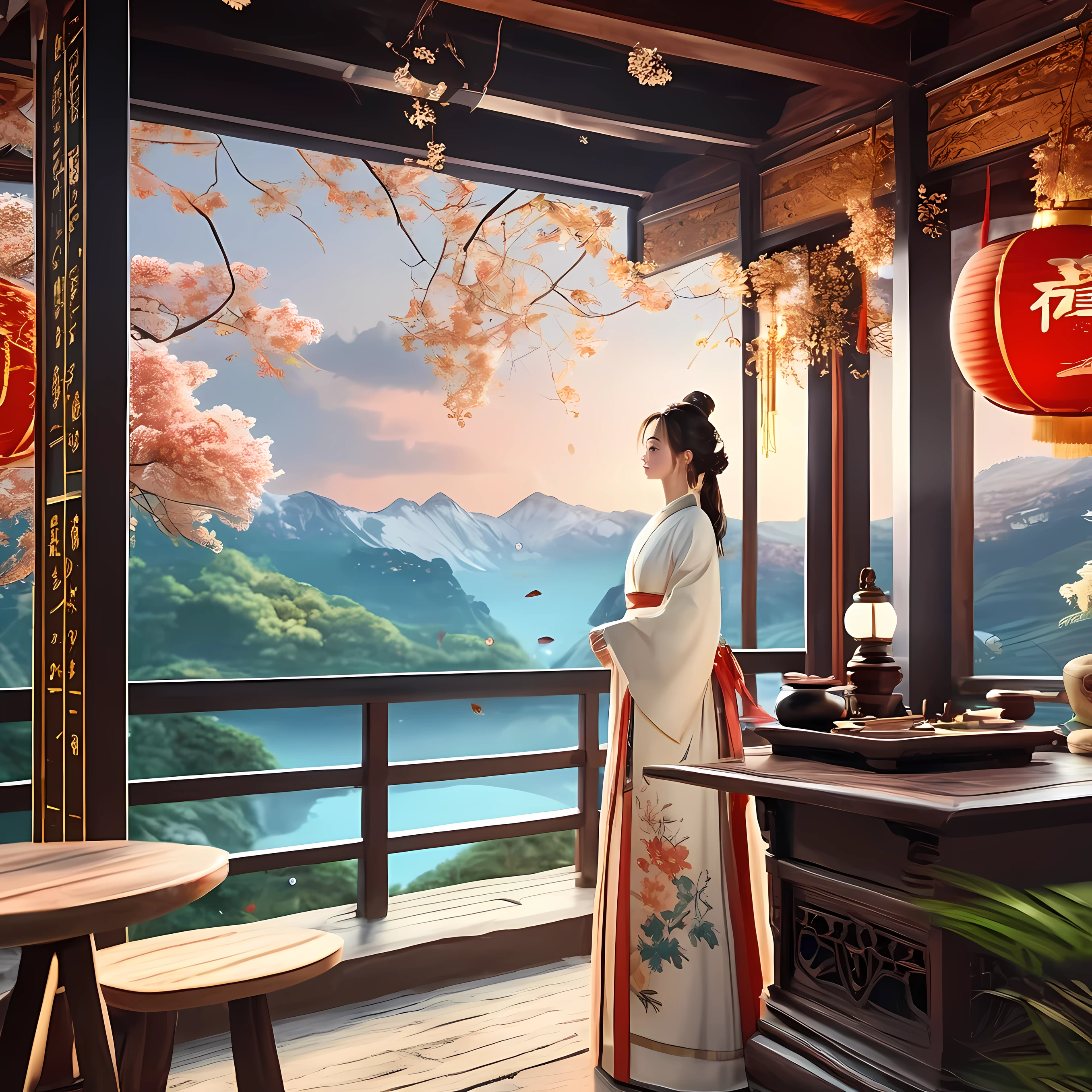 girl in romantic landscape，Lifelike portraits，Natural and full of personality，Details stand out，The background is a charming romantic landscape or a charming travel scene，Use master techniques to express depth and layering，Chinese style animation ethnic elements，Key summary of overall characteristics，Artificial Intelligence brings characters to life，Anime style images and landscapes，The importance of animation plot，Image and sound synchronization，Special effect，Energetic and creative。
