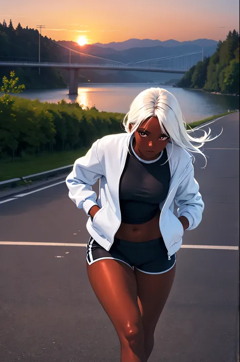 1 girl, dark skin, white hair, white clothes, tight running shorts, loose shirt, loose jacket, sunset city, bridge background
