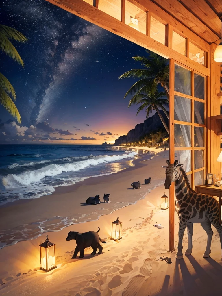 (masterpiece), beach party, animal party in beach, cute cats, dog, giraffe, elephant, penguin, happy, beach, night party, ankymoore, cute animal gathering, night , (dark sky), beach, sands, windy, table, party, (((multiple animal))