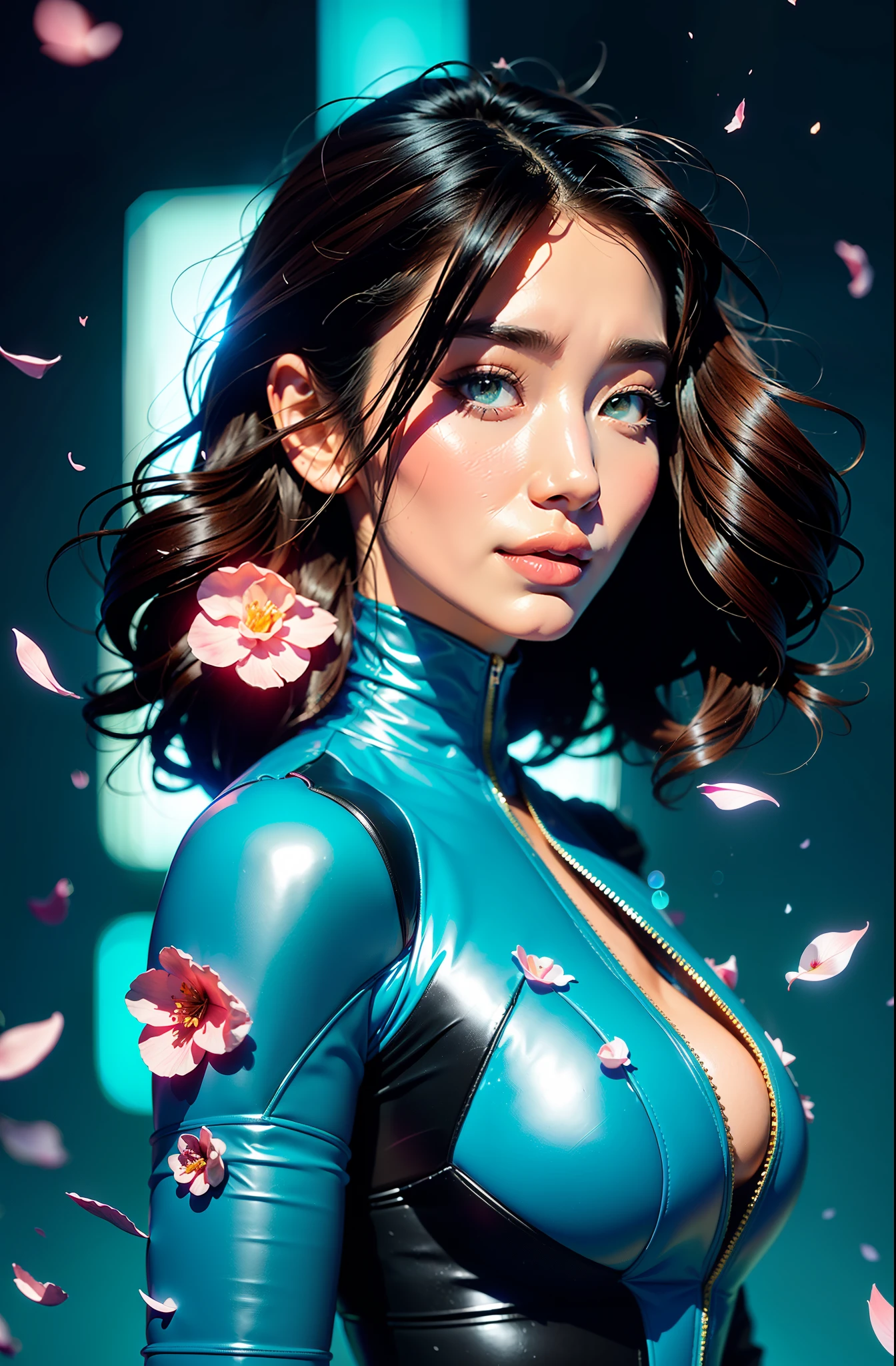 cyberpunk female woman wearing (chromatic accents:1.1), sleek transparent bodysuit, side view turning to face camera, (Petal Blush, Lagoon Blue color background:1.3), amazing smile, looking at camera, 1980’s style poster