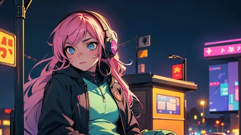 (best quality, detailed, perfect face, beautiful girl listening to music, sitting at a bus stop, cyberpunk appearance, unique ha...