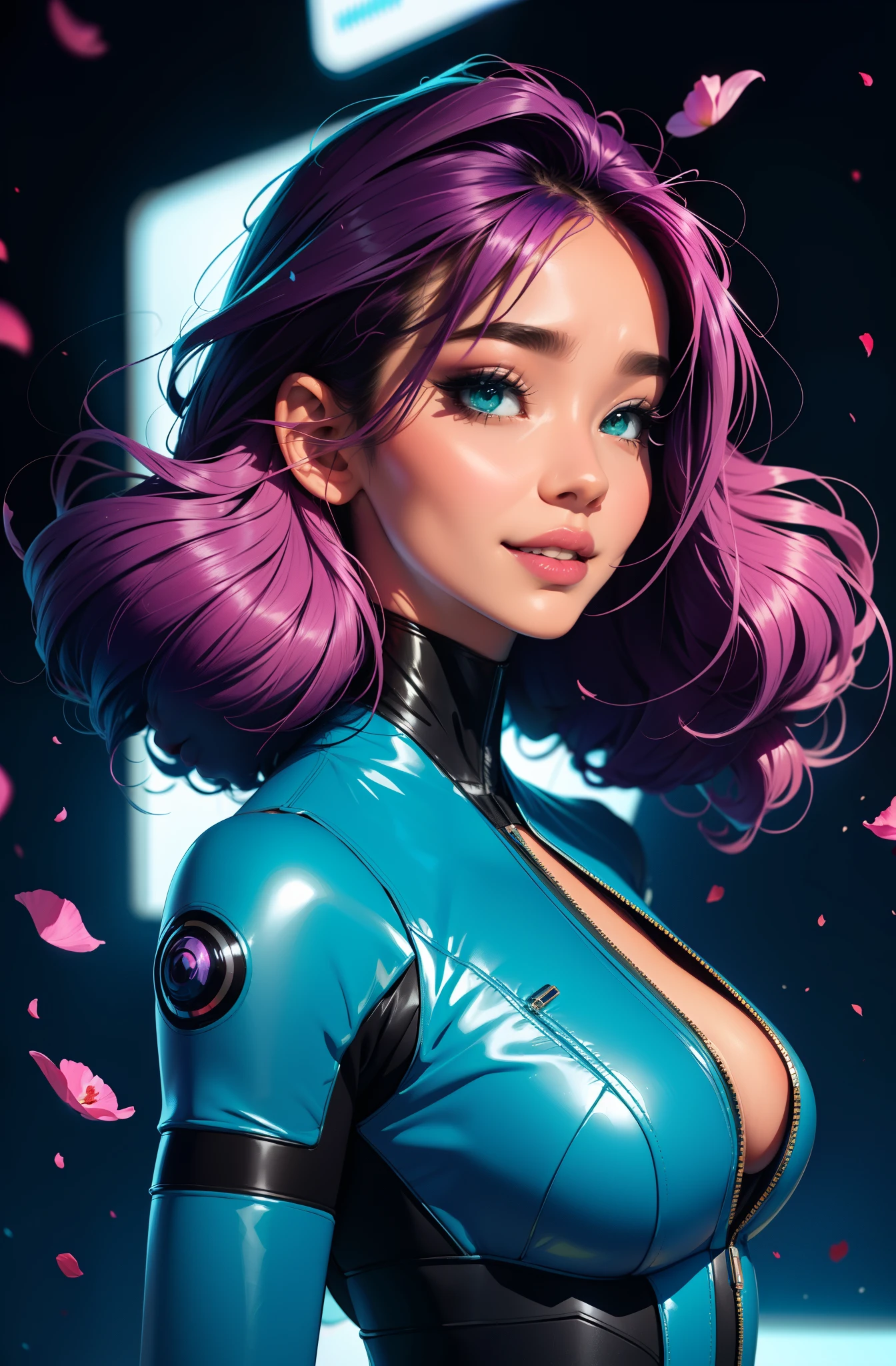 cyberpunk female woman wearing (chromatic accents:1.1), sleek transparent bodysuit, side view turning to face camera, (Petal Blush, Lagoon Blue color background:1.3), amazing smile, looking at camera, 1980’s style poster