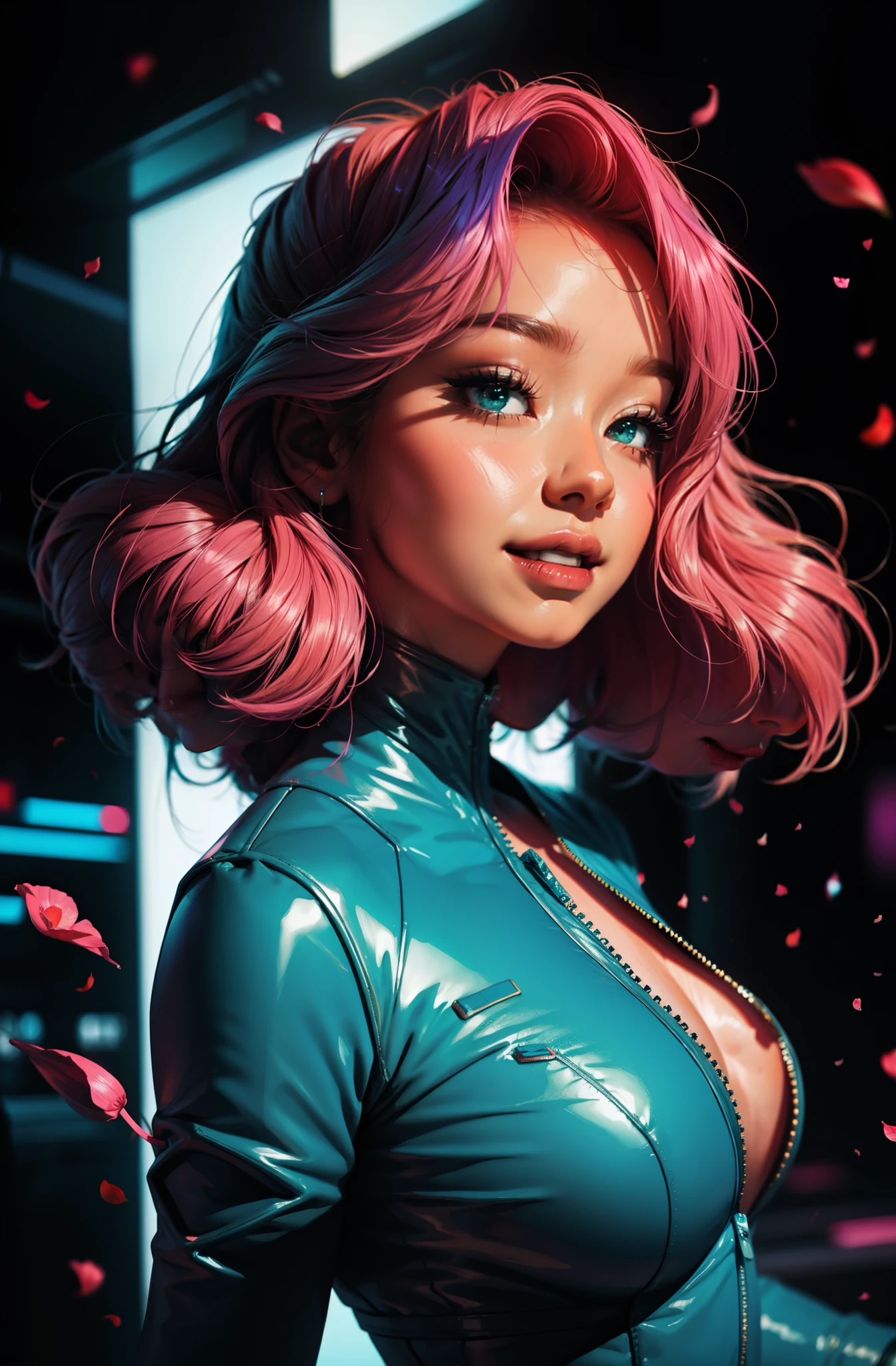 cyberpunk female woman wearing (chromatic accents:1.1), sleek transparent bodysuit, side view turning to face camera, (Petal Blush, Lagoon Blue color background:1.3), amazing smile, looking at camera, 1980’s style poster