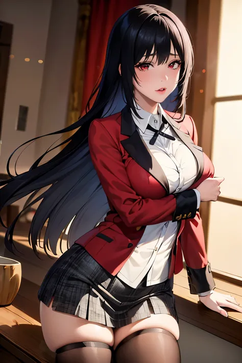 High resolution、masterpiece、1 girl, Jabami Yumeko,hmjy1 long black hair,red eyes,blush,sexy body,((uniform, red jacket)), Red bl...
